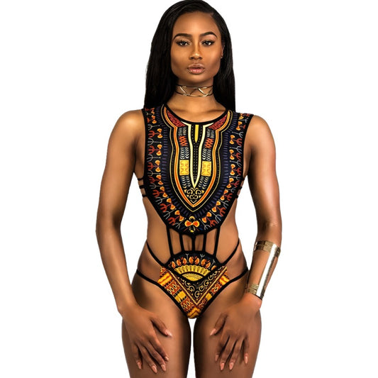 African Dashiki Print One Piece Bikini Swimwear