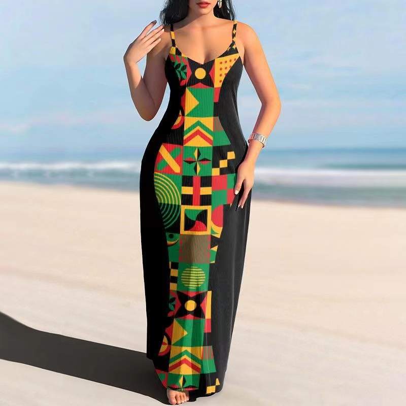 Africa Inspired Symmetrical Spaghetti Strap Polyester Dress