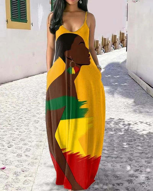 African Woman Spaghetti Strap Polyester Dress